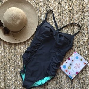 ATHLETA Dark Gray Ruched One Piece Swim Suit